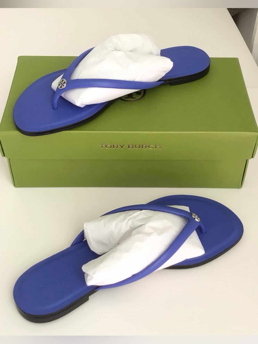 Tory Burch Chelsea Leather Flip Flop Sandals-Eccentric Blue Silver Logo - Picture 5 of 15
